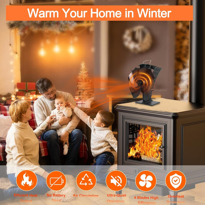 Tomersun Ofenventilator, Leiser Kaminventilator mit 4 Blättern Ofenventilator Ohne Strom Kamin Venti