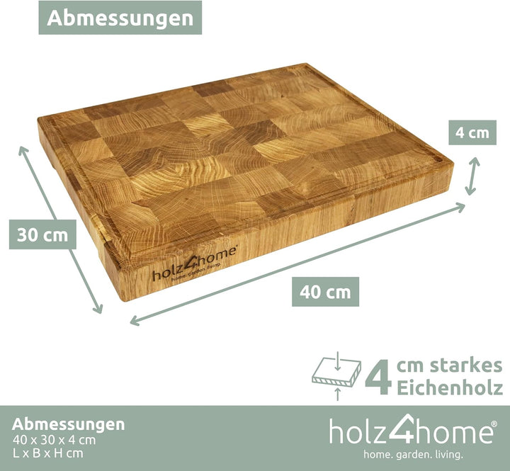 holz4home® Premium Schneidebrett Stirnholz aus Eiche I 40 x 30 x 4 cm I Hackbrett Unterlage für die