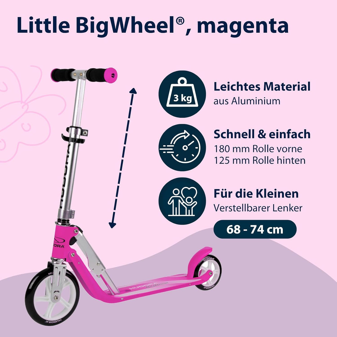 HUDORA Little BigWheel Scooter - Sicherer Aluminium-Roller für Kinder ab 3 Jahren - Höhenverstellbar