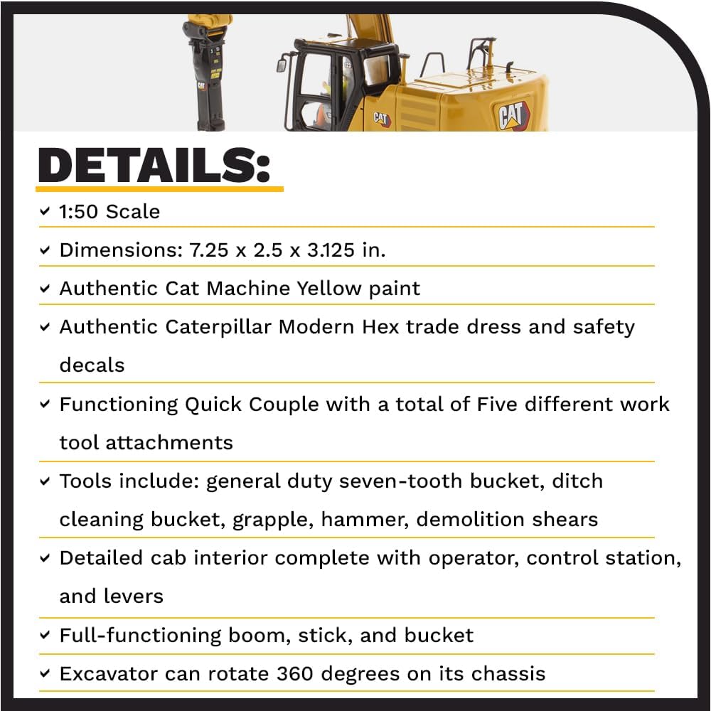 Diecast Masters 85657 - Caterpillar Bagger mit 4 Werkzeugen 323 HEX, Massstab 1:50, ca. 9,5 x 3,4 x