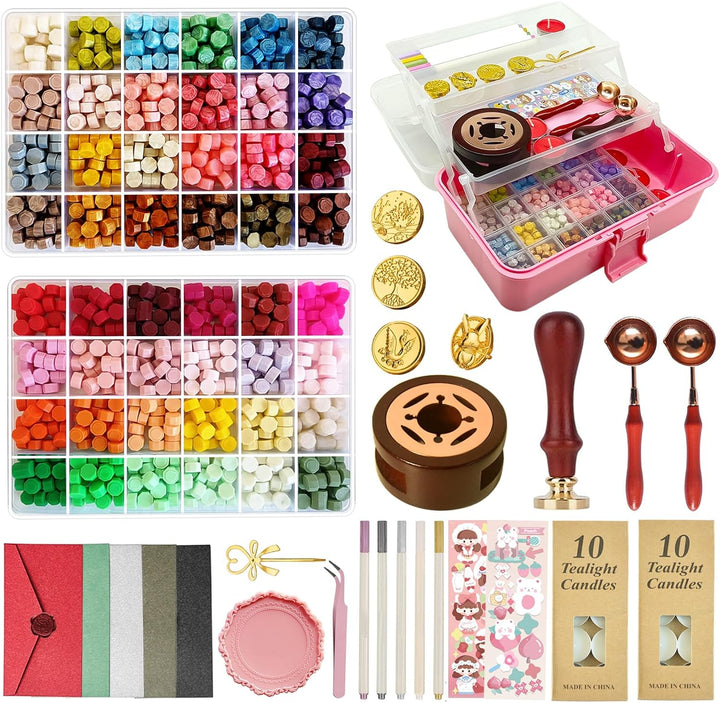 Verbessertes Siegelwachs Set,Wachssiegel Stempel Set mit Geschenkbox,48 Farben 1200 Stück Siegelwach