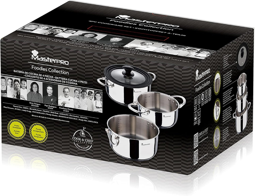 MasterPRO Foodies - Küchenbatterie - 4 -Stück -Set mit 4, 20 und 24 cm Pfannen und Glasdeckel - Herg