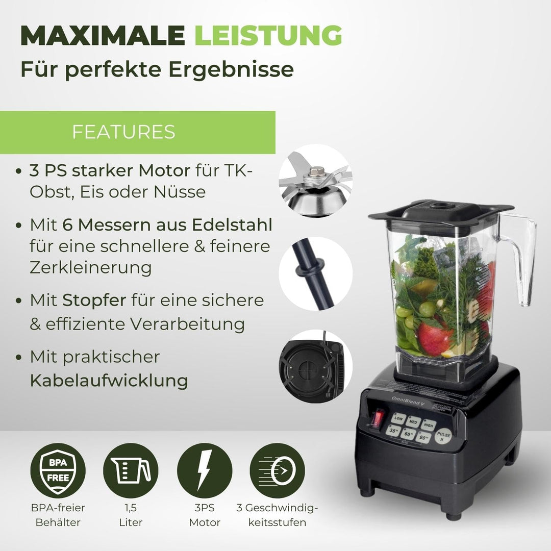 OmniBlend Smoothie Maker 1,5L in schwarz I Smoothie Mixer inkl. BPA-freiem Behälter & 6-Klingen-Syst