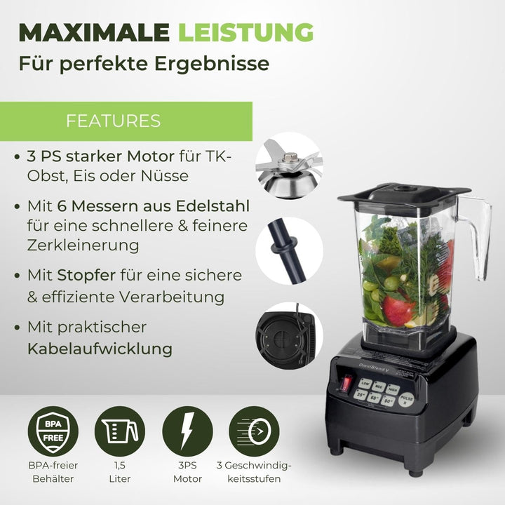 OmniBlend Smoothie Maker 1,5L in schwarz I Smoothie Mixer inkl. BPA-freiem Behälter & 6-Klingen-Syst