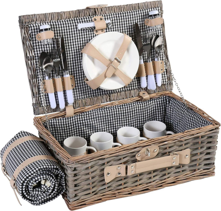 Mendler Picknickkorb-Set HWC-B24AM für 4 Personen, Weiden-Korb, Porzellan Edelstahl - schwarz-weiss,
