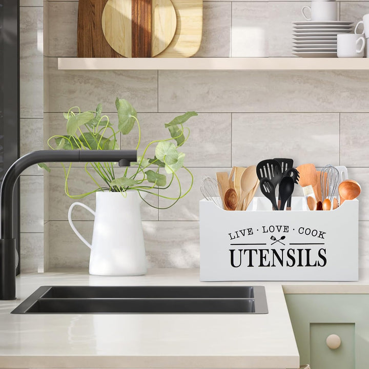 Karisky Kitchen Utensilhalter mit Entwässerungboden, grosse 3 Fächer solide Realholz -Utensilien Org