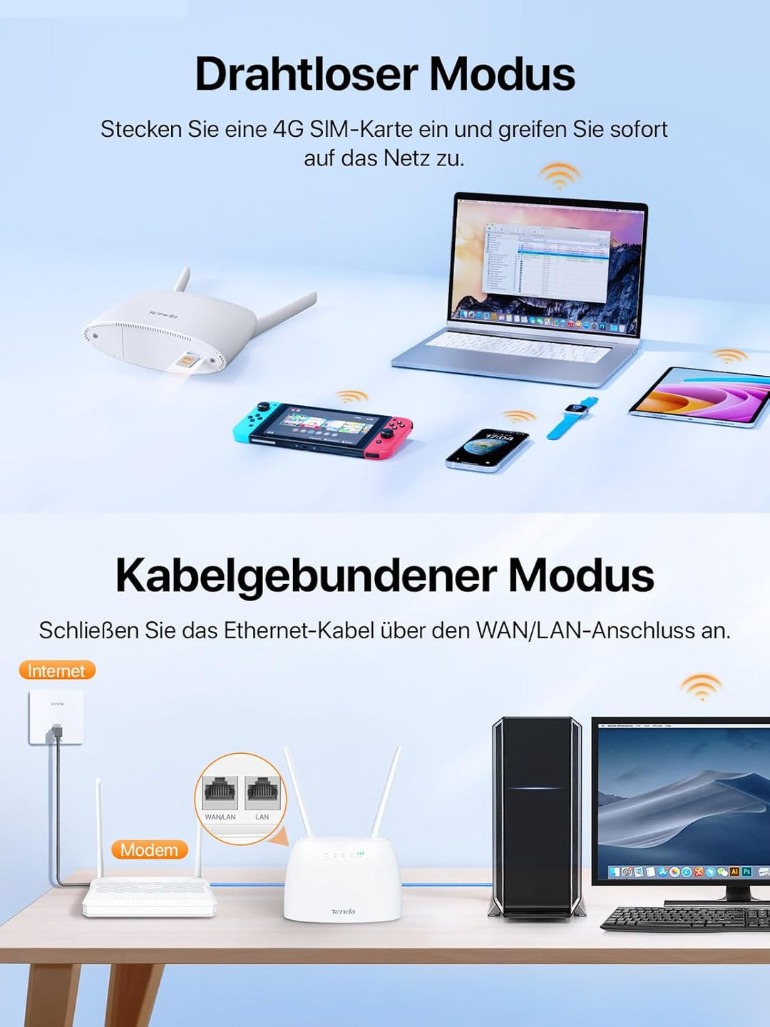 Tenda 4G06 4G VoLTE WLAN Router für SIM Karten (150 Mbit/s im Download, 50 Mbit/s im Upload, 300 Mbi