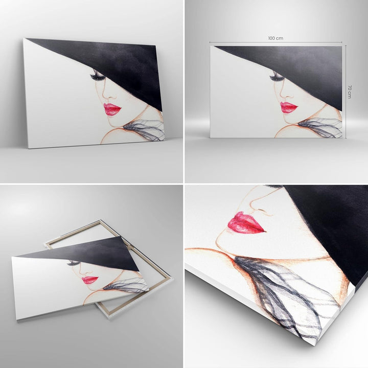Bilder auf Leinwand 100x70cm Leinwandbild Frau Lippen Hut Eleganz Gross Wanddeko Bild Schlafzimmer K