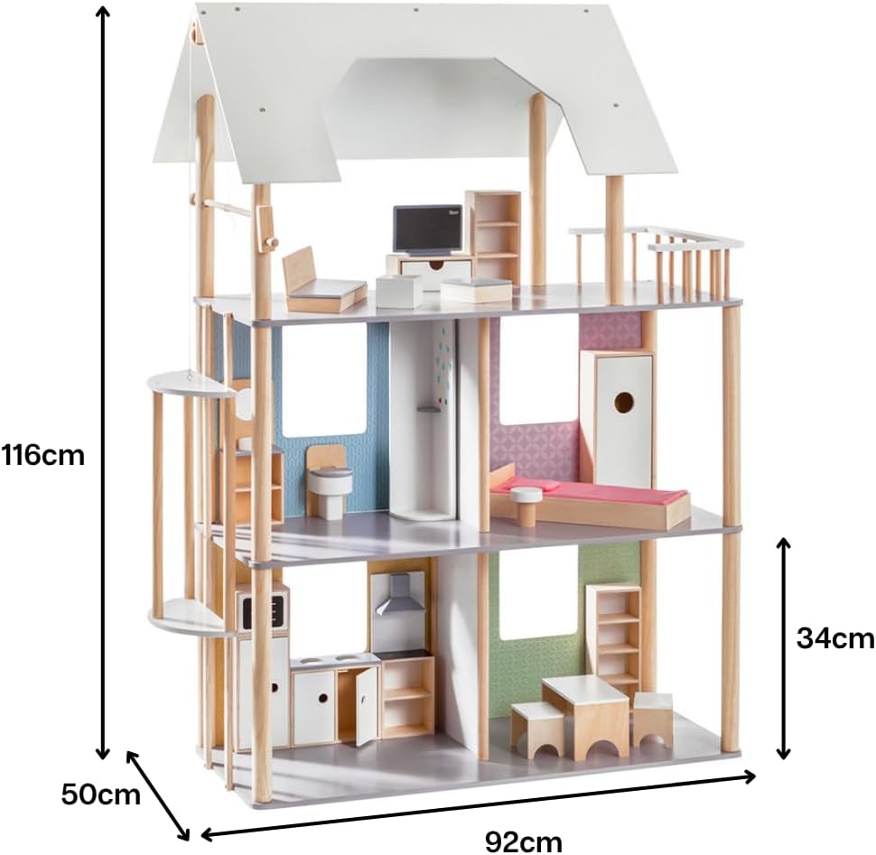 howa Puppenhaus für Ankleidepuppen bis 30 cm incl. 19 TLG. Möbelset aus Holz 70103