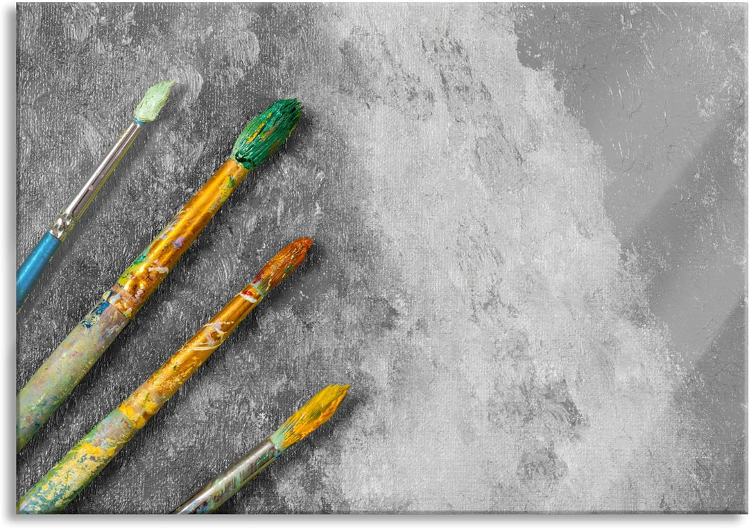 Glasbild | Wandbild aus Echtglas | Gelber Pinsel & Bild | 100x70 cm | inkl. Aufhängung und Abstandsh