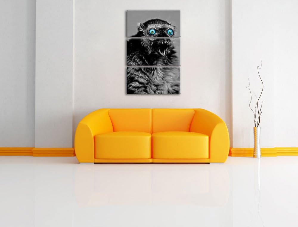 aufmerksamer seltener Blauaugenmaki schwarz/weiss Deluxe 3-Teiler Leinwandbild 120x80 Bild auf Leinw