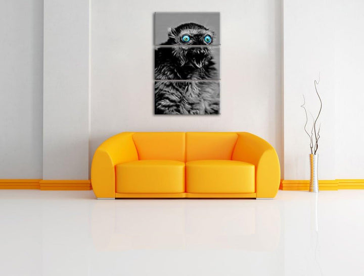 aufmerksamer seltener Blauaugenmaki schwarz/weiss Deluxe 3-Teiler Leinwandbild 120x80 Bild auf Leinw