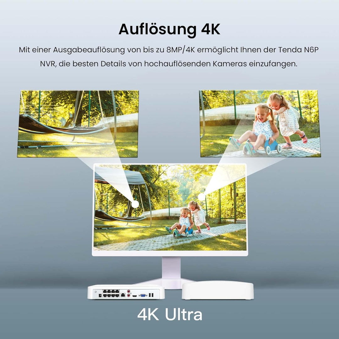 Tenda NVR Überwachungssystem Rekorder 4K, 8CH PoE NVR Recorder, 250m Langstreckenübertragung, H.265+