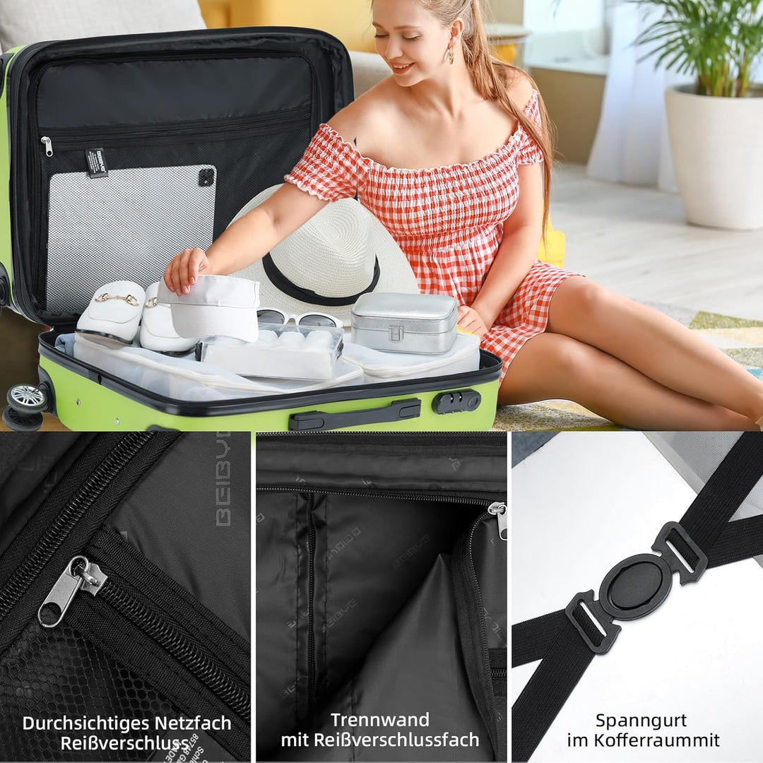 BEIBYE Zwillingsrollen 2066 Hartschale Trolley Koffer Reisekoffer Gepäck M-L-XL-Set (Grün, M) Grün M