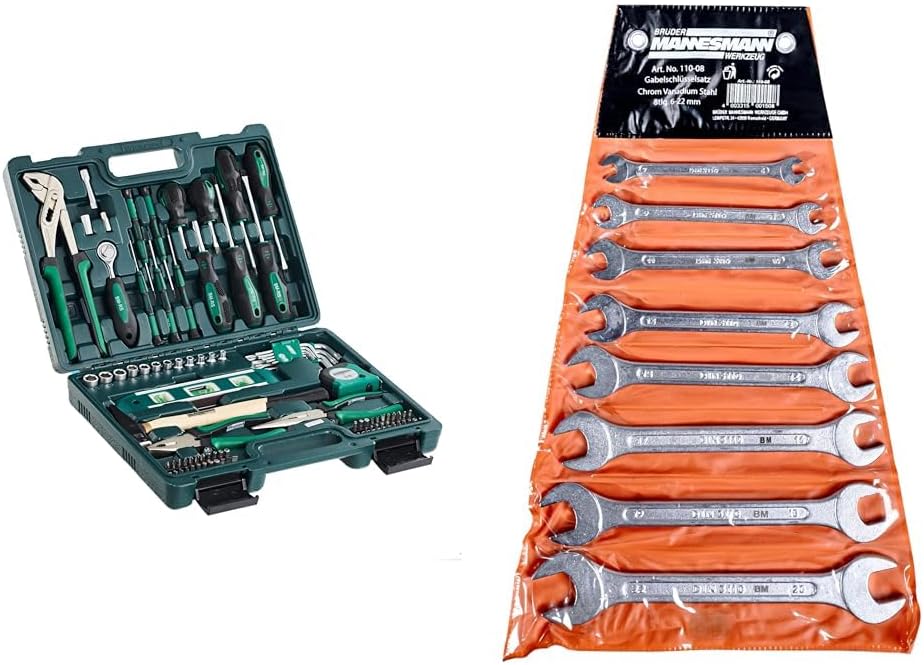 Brüder Mannesmann M29084 Werkzeugkoffer bestückt, 87-tlg & M 110-08 Gabelschlüsselsatz, 8-tlg, 6-22