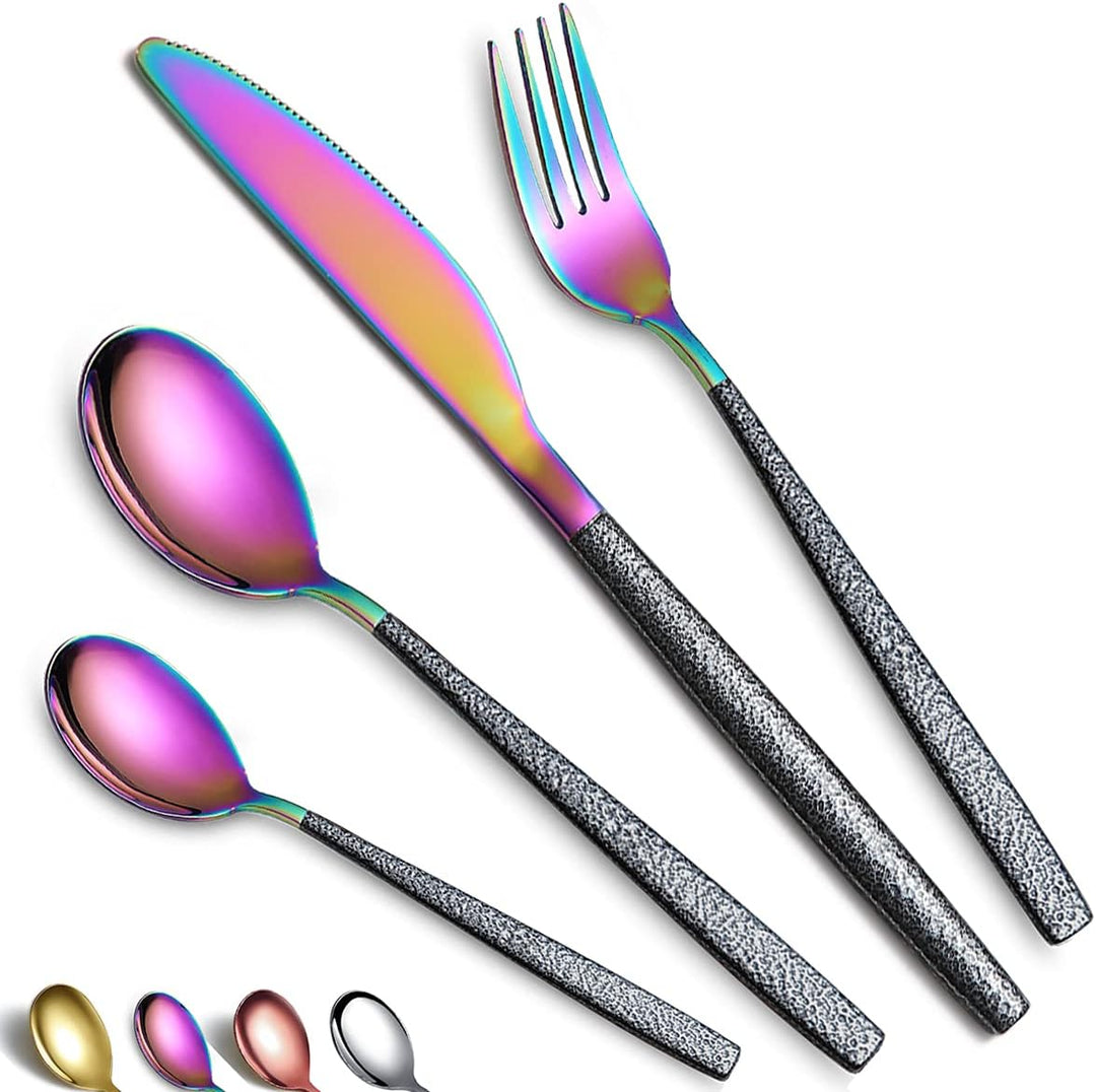 Besteckset 24 Stück Regenbogenkopfbeschichtung mit Schwarzem Marsgriff, Edelstahl Titan Buntes Besch