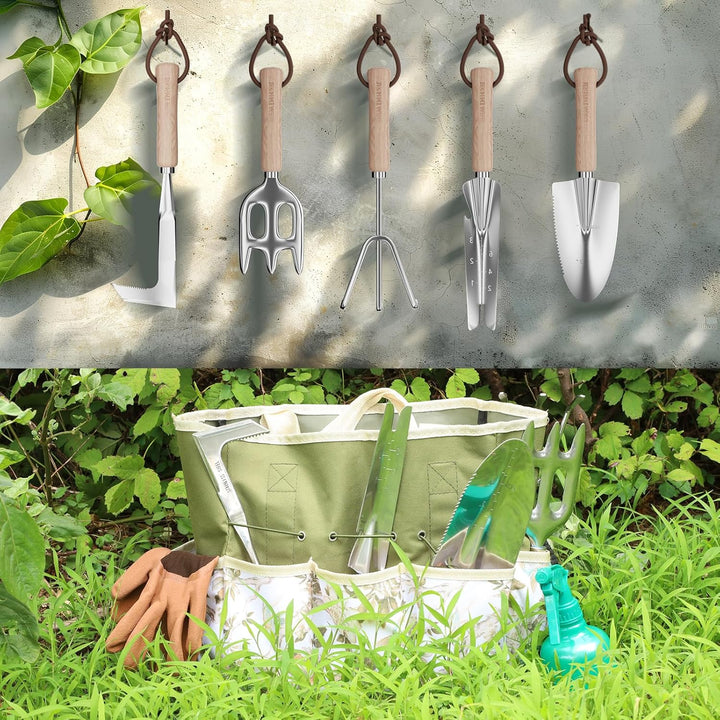 DEWINNER Garten Werkzeuge Set, 12 Stück Schwerlast Edelstahl Gartenarbeit Kit, Non-Slip Holzgriff, M