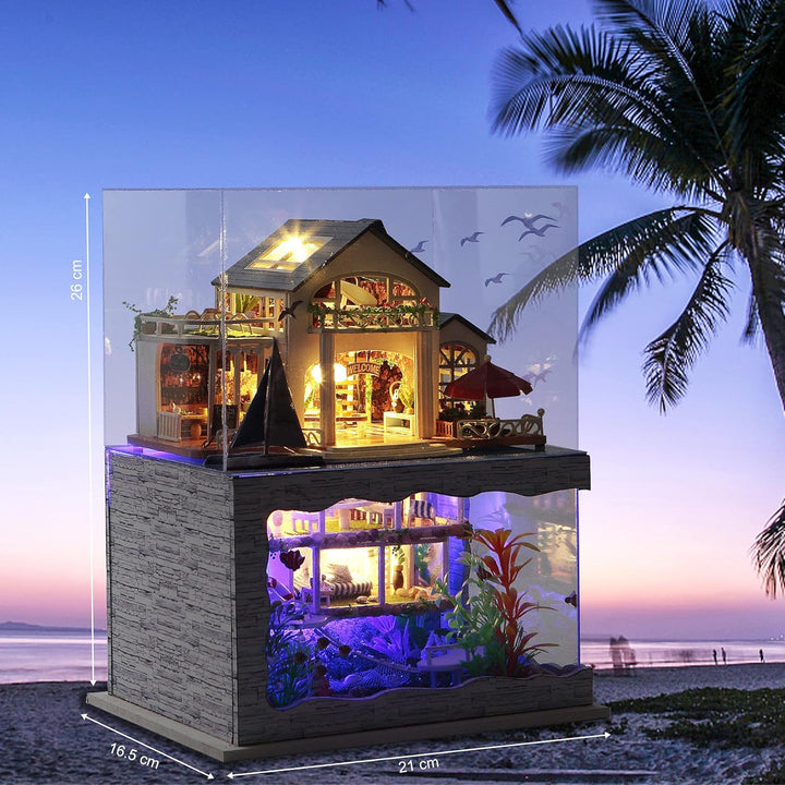 Cuteefun DIY Miniatur Puppenhaus Meer Kit zum BAU Miniatur Haus mit Staubdichten Möbeln und Werkzeug