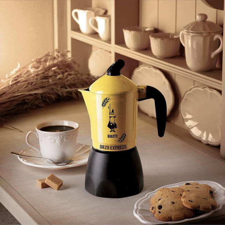 Bialetti Moka Orzo Express Caffettiera con Orziera, Alluminio, Giallo, 2 Tazze 2 Tassen, 2 Tassen