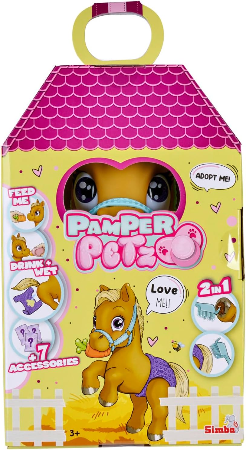 Simba 105950009 - Pamper Petz Pony, 24cm Spielzeug Pferd mit Trink- und Nässfunktion, Fohlen, kämmba