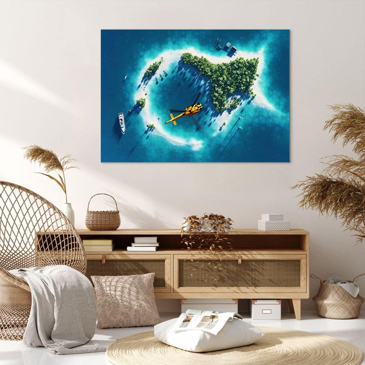 Bilder auf Leinwand 100x70cm Leinwandbild Hubschrauber Ozean Insel Paradies Gross Wanddeko Bild Schl