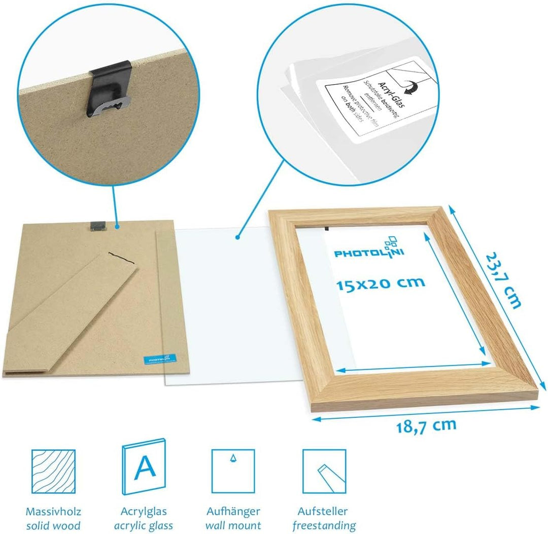 PHOTOLINI Bilderrahmen 15x20 Holz Eiche, 5er Set breite Bilderrahmen 20x15 Holz, Picture Frame mit A