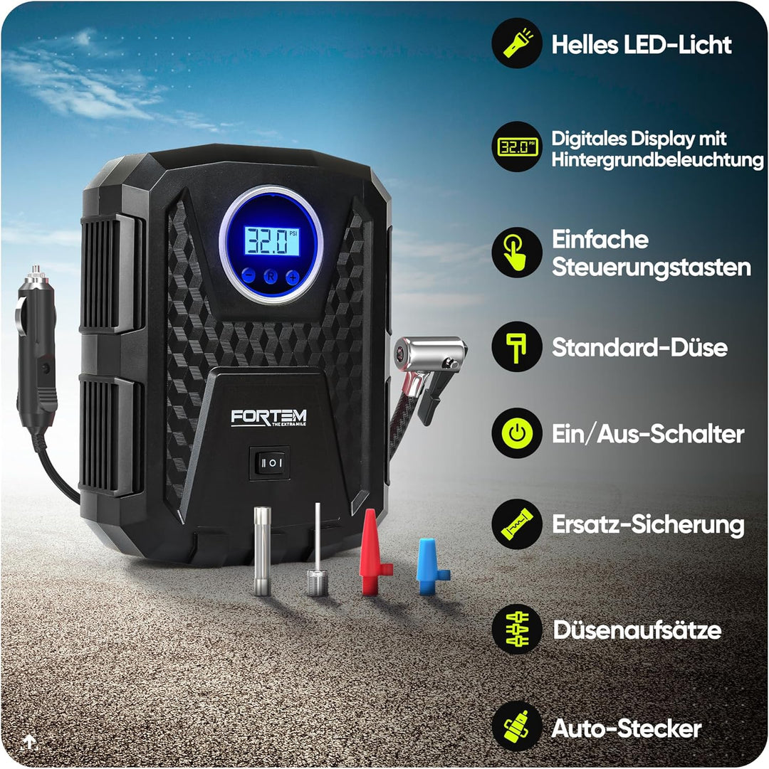 Fortem Tragbarer Kompressor Autoreifen, Kompressor Fahrrad, 12V Autoreifen Pumpe und Fahrradpumpe El