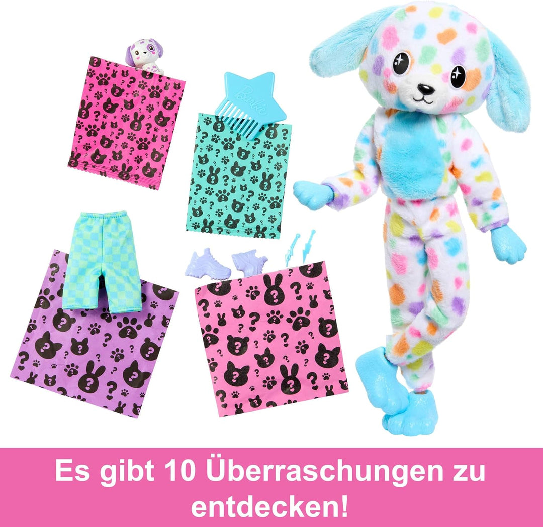 Barbie Cutie Reveal Puppe und Accessoires, Regenbogen-Dalmatiner-Plüschkostüm und 10 Überraschungen