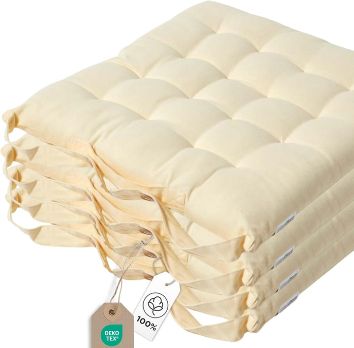 HOMESCAPES 4er Set Stuhlkissen 40 x 40 cm, Creme, Sitzkissen mit Bändern und Knopfverschluss, einfar