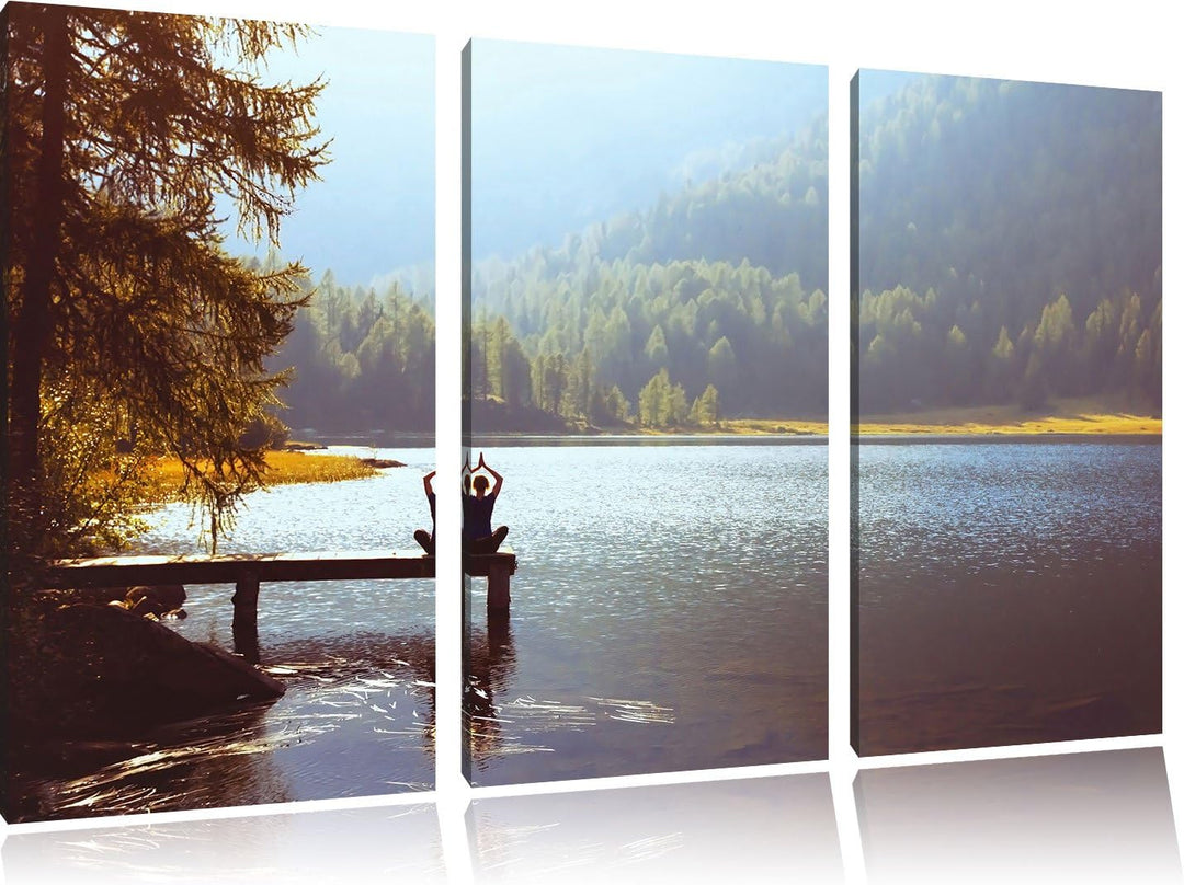 Pixxprint Yoga am See als Leinwandbild | Grösse: 3 Teilig (120x80) | Wandbild| Kunstdruck | fertig b
