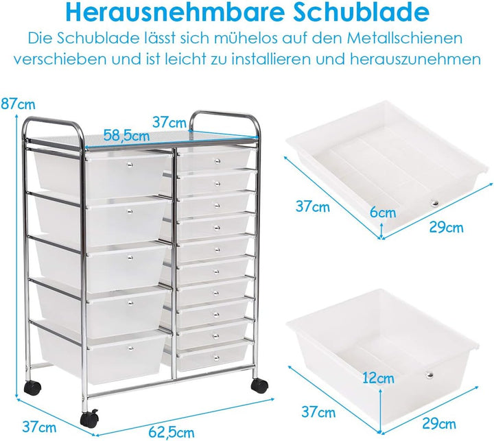 COSTWAY Rollwagen mit 15 stapelbaren Schubladen, Schubladenwagen Rollcontainer mit Metallgestell und
