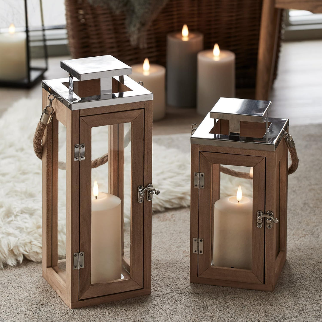 Lights4fun Salcombe 2er Set Holz Laternen mit LED Kerze Batteriebetrieb Timer Echtholz Laterne Innen
