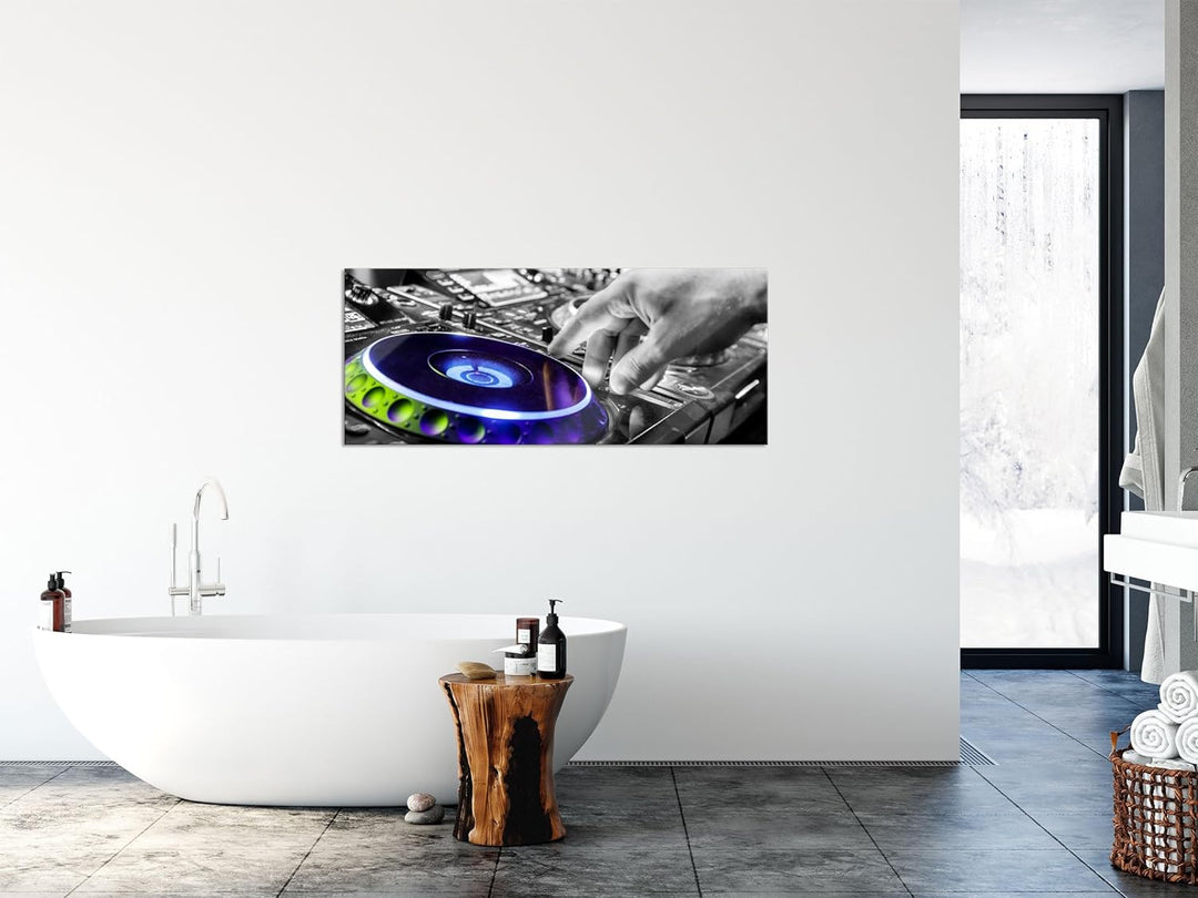 Glasbild Panorama | Wandbild aus Echtglas | DJ bei der Arbeit am Plattenteller | 100x40 cm | inkl. A