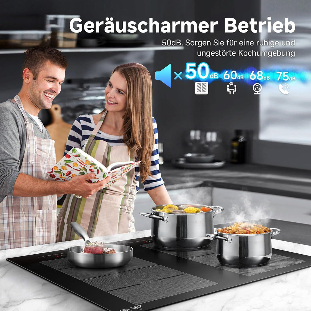 AMZCHEF Induktionskochfeld 60cm mit 2 Flexzonen, 4 Zonen Induktionskochplatte mit leisem Betrieb, 9