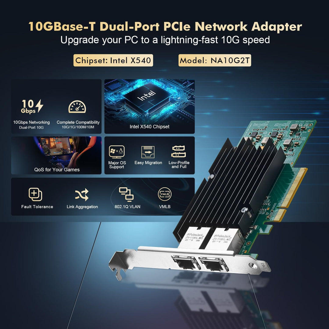 Binardat 2 Port 10G Ethernet PCIe Netzwerk Adapter, Intel X540 Chip LAN Controller, 10G/1G/100Mbps E