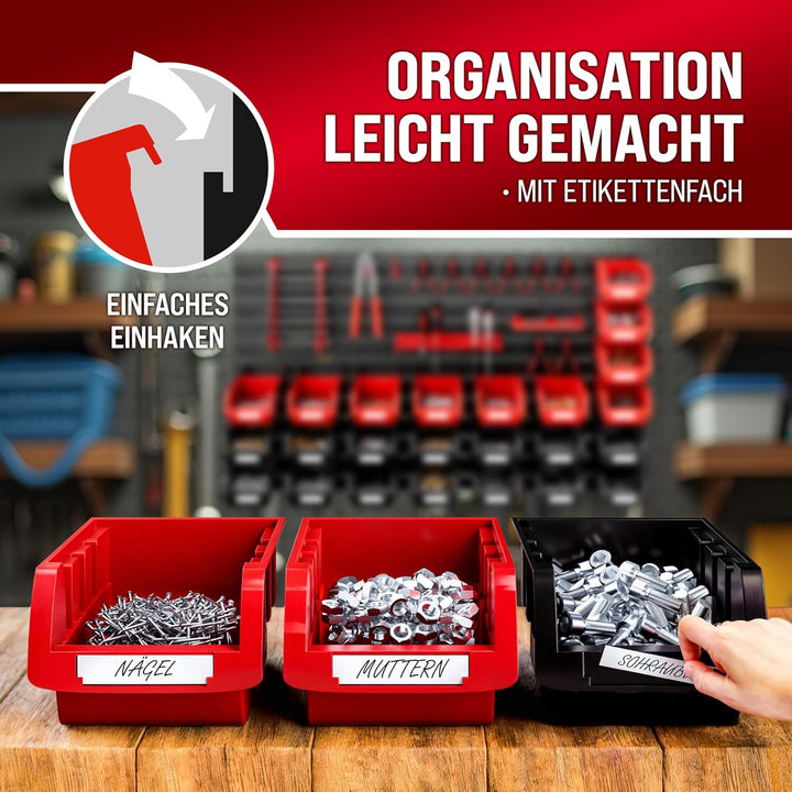 DEUBA® Wandregal mit Stapelboxen und Werkzeughalter 43 tlg Box Erweiterbar Werkstattregal Werkzeuglo