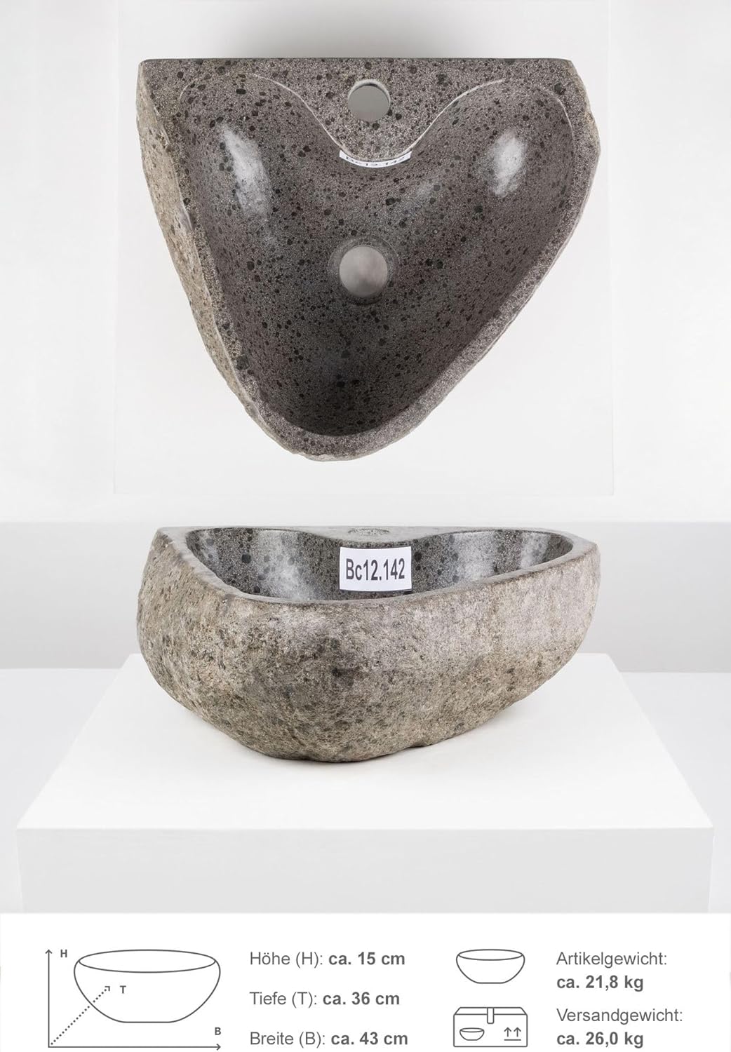 40 cm ovales Naturstein Waschbecken in grau mit Hahnloch von WOHNFREUDEN - Mit Unikat Auswahl, Bc12.