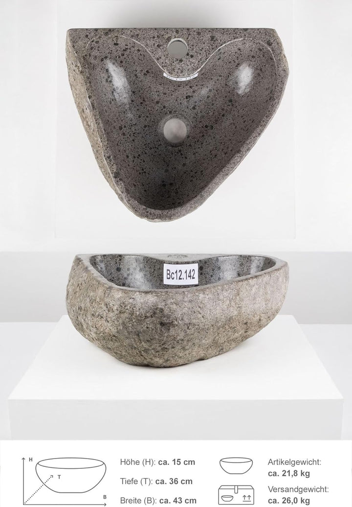 40 cm ovales Naturstein Waschbecken in grau mit Hahnloch von WOHNFREUDEN - Mit Unikat Auswahl, Bc12.