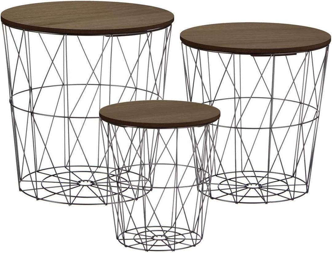 Metall Beistelltisch mit Stauraum schwarz - 3er Set/dunkle Tischplatten - Wohnzimmer Tisch mit Abneh