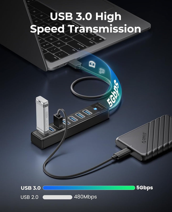 ORICO USB Hub mit 100CM Long Kabel, 7 Port USB 3.0 Hub mit 5V/3A Netzteil Port, 5Gbps Ultra-Slim USB