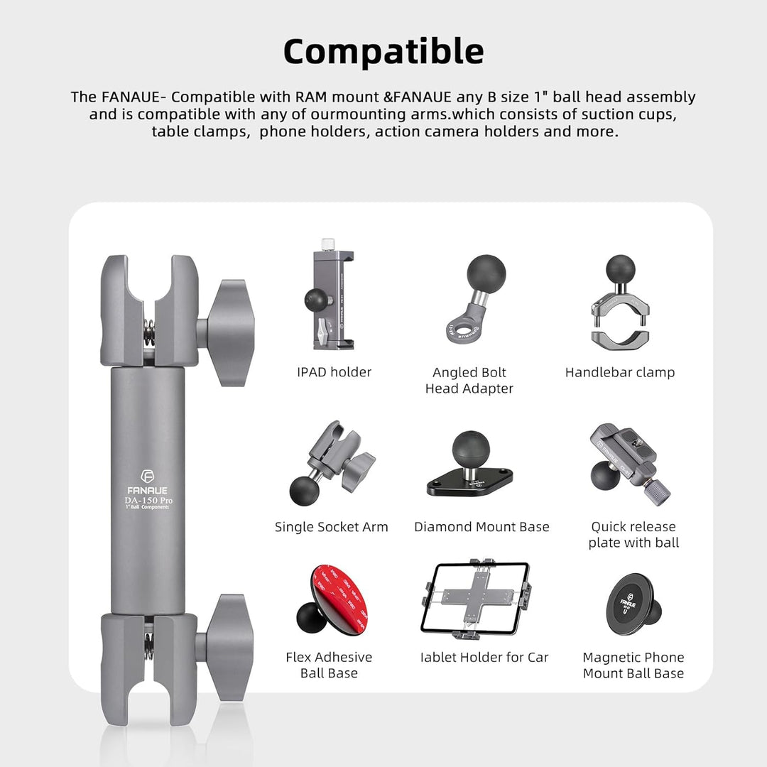 FANAUE DA-150PRO Verbundstoff-Verbindungsarm kompatibel mit RAM Mount B Grösse Kugelkopf und Fahrrad