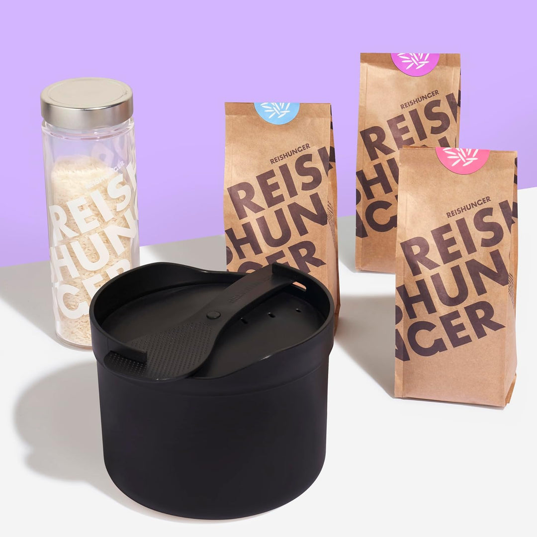 REISHUNGER Starter Set Mikrowellen Reiskocher (1,7 l) - schwarz - Für perfekt gegarten Reis in nur 1