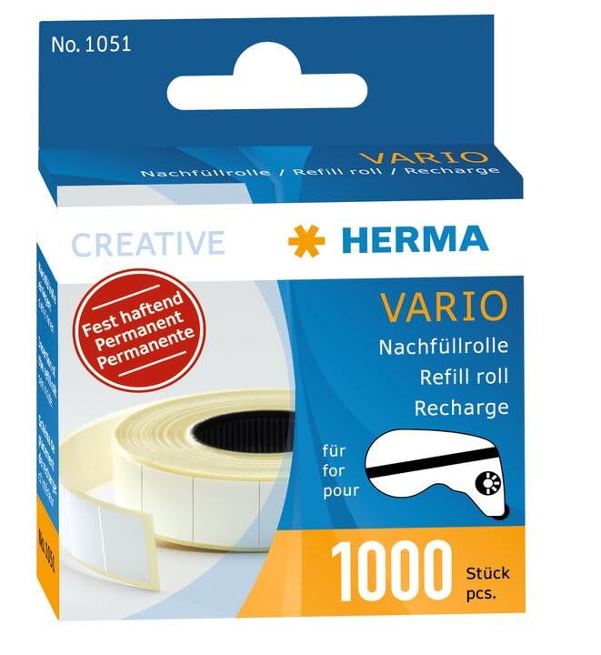HERMA 10 x Nachfüllrolle für Vario-Klebespender fest haftend 1000 Klebestücke, 1051, weiss, 13x12mm