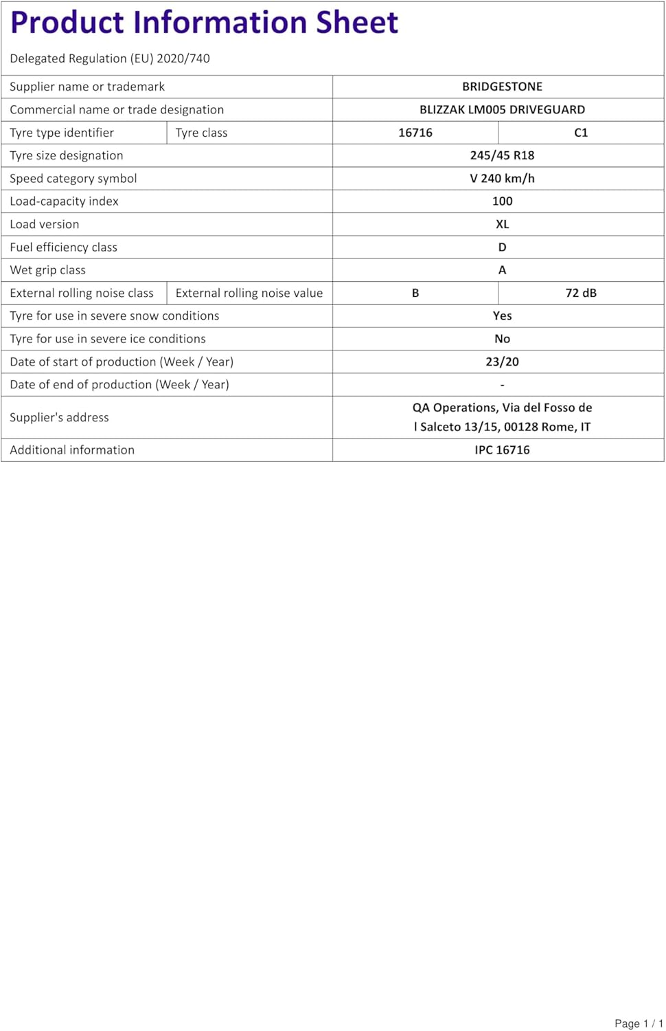 Bridgestone BLIZZAK LM005 DRIVEGUARD - 245/45 R18 100V XL - E/A/72 - Winterreifen mit RFT (PKW & SUV