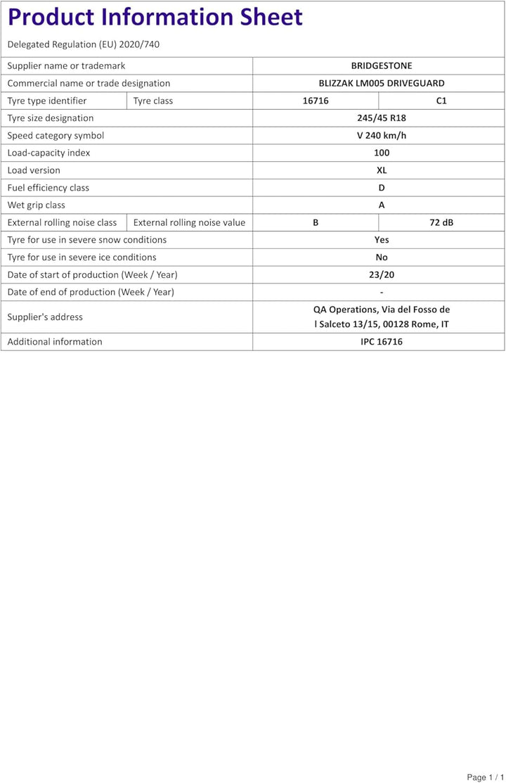 Bridgestone BLIZZAK LM005 DRIVEGUARD - 245/45 R18 100V XL - E/A/72 - Winterreifen mit RFT (PKW & SUV