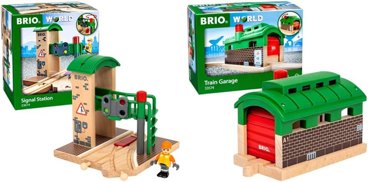 BRIO Bahn 33674 - Signal Station & World 33574 Lokschuppen mit Rolltor - Ergänzung für die BRIO Holz