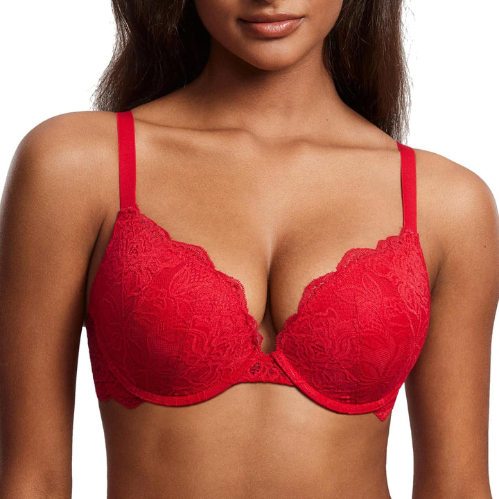 DOBREVA Damen Push Up BH Mit Spitze Gepolstert Plunge Bügel Vollschalen BHS Gemoldete Cups 90C Lippe