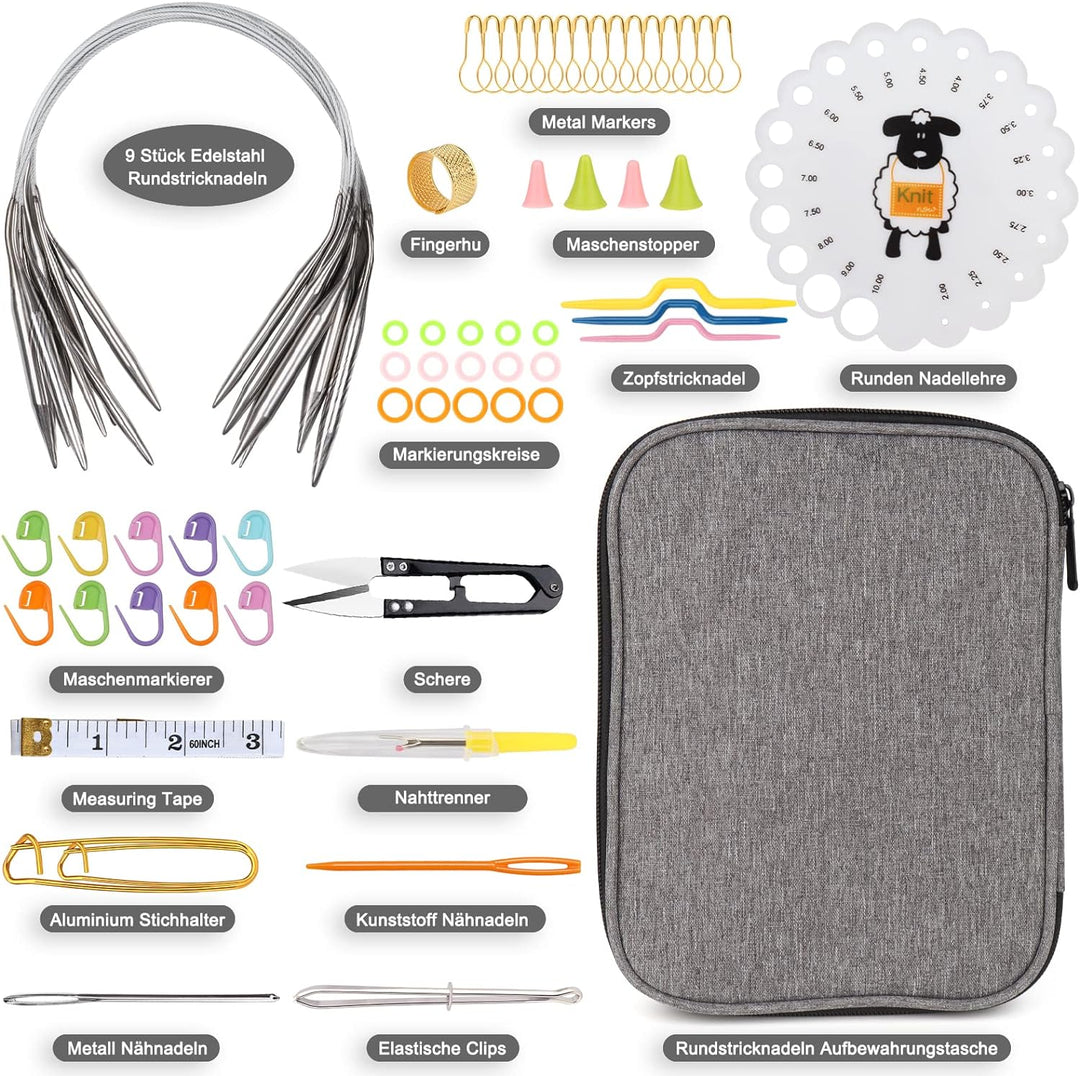 Coopay Rundstricknadeln 40 cm Edelstahl Rundstricknadel Set mit Tasche & Strickzubehör, 2,5-10 mm Me