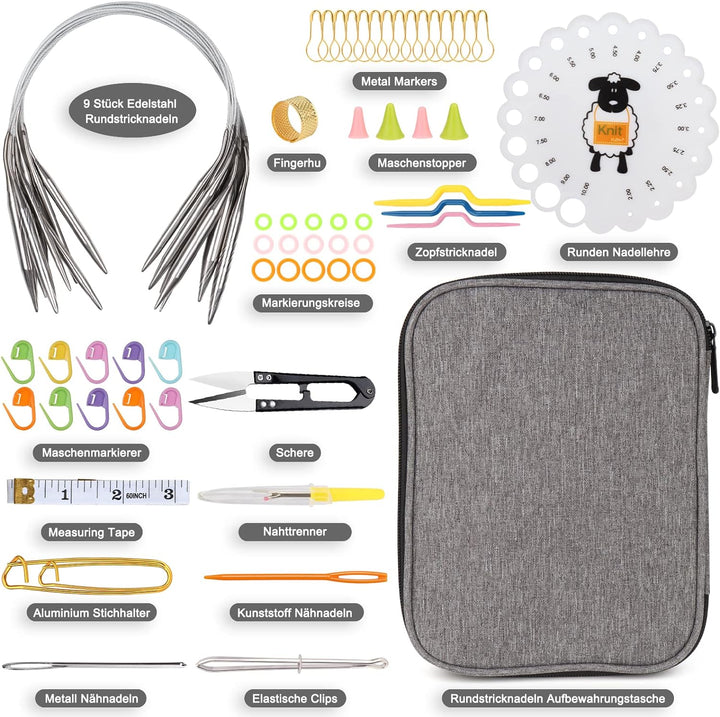 Coopay Rundstricknadeln 40 cm Edelstahl Rundstricknadel Set mit Tasche & Strickzubehör, 2,5-10 mm Me