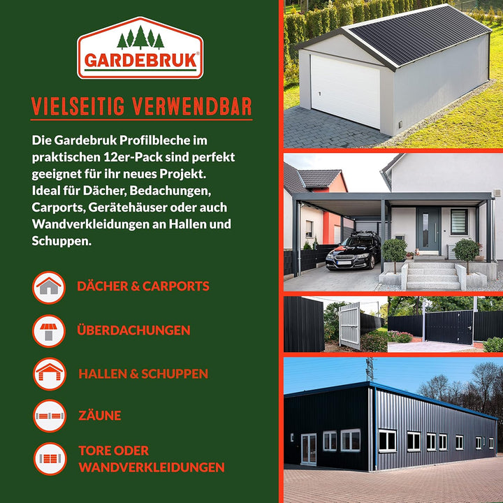 GARDEBRUK® 12x Trapezblech 129x46cm = 7m² Verzinkt Rostresistent Wetterfest Profilblech Dachblech We